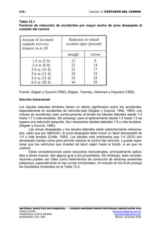 4/3012 Capítulo 12: COSTADOS DEL CAMINO
MATERIAL DIDÁCTICO NO-COMERCIAL – CURSOS UNIVERSITARIOS POSTGRADO ORIENTACIÓN VIAL
TRADUCCIÓN: franjusierra@arnet.com.ar
FRANCISCO JUSTO SIERRA franjusierra@yahoo.com
INGENIERO CIVIL UBA Beccar, diciembre 2008
Tabla 12.1
Factores de reducción de accidentes por mayor ancho de zona despejada al
costado del camino
Fuente: Zegeer y Council (1992); Zegeer, Twomey, Heckman y Hayward (1992).
Sección transversal
Los taludes laterales tendidos tienen un efecto significativo sobre los accidentes,
especialmente en accidentes de vehículo-solo (Zegeer y Council, 1992, 1993). Los
índices de accidentes caen continuamente al tender los taludes laterales desde 1:3
hasta 1:7 o más tendidos. Sin embargo, para el aplanamiento desde 1:2 hasta 1:3 se
espera una reducción pequeña. Son necesarios taludes laterales 1:5 o más tendidos
(Zegeer y Council, 1992).
Las zonas despejadas y los taludes laterales están estrechamente relaciona-
dos, dado que por definición, la zona despejada debe incluir un talud atravesable de
1:4 o más tendido (Cirillo, 1993). Los taludes más empinados que 1:4 (25%) son
demasiado fuertes como para permitir retomar el control del vehículo, y puede espe-
rarse que los vehículos que invadan tal talud viajen hasta el fondo, si es que no
vuelcan.
Estas consideraciones sobre secciones transversales, principalmente aplica-
bles a obras nuevas, dan alguna guía a los proyectistas. Sin embargo, tales conside-
raciones pueden ser útiles como tratamientos de corrección de sectores existentes
peligrosos, especialmente en las curvas horizontales. Un estudio en los EUA produjo
los resultados mostrados en la Tabla 12.2.
 