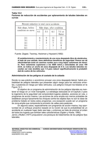 CAMINOS MÁS SEGUROS: Guía para Ingeniería de Seguridad Vial – K. W. Ogden 5/3012
MATERIAL DIDÁCTICO NO-COMERCIAL – CURSOS UNIVERSITARIOS POSTGRADO ORIENTACIÓN VIAL
TRADUCCIÓN: franjusierra@arnet.com.ar
FRANCISCO JUSTO SIERRA franjusierra@yahoo.com
INGENIERO CIVIL UBA Beccar, diciembre 2008
Tabla 12.2
Factores de reducción de accidentes por aplanamiento de taludes laterales en
curvas
Fuente: Zegeer, Twomey, Heckman y Hayward (1992)
El establecimiento y mantenimiento de una zona despejada libre de obstáculos,
al lado de una calzada, tiene definitivos beneficios de seguridad. Parece ser de
efectividad-de-costo en caminos rurales aun a muy bajos volúmenes de tránsi-
to. Para volúmenes superiores a los 4000 veh/d y velocidades de unos 100
km/h, se indica un ancho de zona despejada de 9 m. Los taludes laterales ne-
cesitan ser más tendidos que 1:5 para reducir significativamente la probabili-
dad de vuelco de los vehículos.
Administración de los peligros al costado de la calzada
Donde no sea práctico o económico proveer una zona despejada lateral, habrá pro-
babilidad de peligros laterales que presenten algún riesgo para los vehículos erran-
tes, o peatones en riesgo por tales vehículos. Los peligros incluyen los listados en la
Figura 12.1.
El objetivo de un programa de administración de los peligros laterales es man-
tener el riesgo en un nivel manejable. La estrategia esbozada en el Capítulo 2 para
la ingeniería de la seguridad vial comprenderá lugares aislados, acciones en ruta, o
programas de acción masiva. Las acciones de zona amplia son menos probables de
establecer porque típicamente los choques contra los objetos fijos no son la clase de
problema tratado en todos estos programas; una excepción puede ser un programa
de zona-amplia que comprenda la provisión de vallas para peatones.
En algunos casos, especialmente con programas de acción masiva, hay opor-
tunidad de un enfoque proactivo basado en la noción de que la probabilidad de un
accidente en cualquier lugar dado sea baja, y entonces se trata de priorizar el orden
de todos los lugares que exhiban tales características (Ogden y Howie, 1990).
Jarvis y Mullen (1977) propusieron una jerarquía de tratamientos de los peligros fijos
laterales:
 