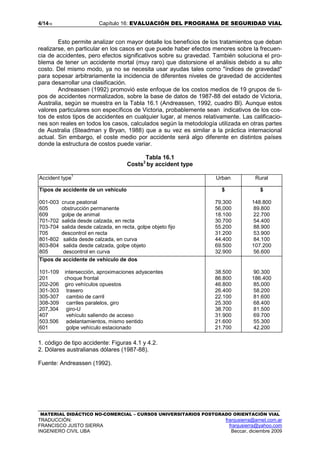 4/1416 Capítulo 16: EVALUACIÓN DEL PROGRAMA DE SEGURIDAD VIAL
MATERIAL DIDÁCTICO NO-COMERCIAL – CURSOS UNIVERSITARIOS POSTGRADO ORIENTACIÓN VIAL
TRADUCCIÓN: franjusierra@arnet.com.ar
FRANCISCO JUSTO SIERRA franjusierra@yahoo.com
INGENIERO CIVIL UBA Beccar, diciembre 2009
Esto permite analizar con mayor detalle los beneficios de los tratamientos que deban
realizarse, en particular en los casos en que puede haber efectos menores sobre la frecuen-
cia de accidentes, pero efectos significativos sobre su gravedad. También soluciona el pro-
blema de tener un accidente mortal (muy raro) que distorsione el análisis debido a su alto
costo. Del mismo modo, ya no se necesita usar ayudas tales como "índices de gravedad"
para sopesar arbitrariamente la incidencia de diferentes niveles de gravedad de accidentes
para desarrollar una clasificación.
Andreassen (1992) promovió este enfoque de los costos medios de 19 grupos de ti-
pos de accidentes normalizados, sobre la base de datos de 1987-88 del estado de Victoria,
Australia, según se muestra en la Tabla 16.1 (Andreassen, 1992, cuadro Bl). Aunque estos
valores particulares son específicos de Victoria, probablemente sean indicativos de los cos-
tos de estos tipos de accidentes en cualquier lugar, al menos relativamente. Las calificacio-
nes son reales en todos los casos, calculados según la metodología utilizada en otras partes
de Australia (Steadman y Bryan, 1988) que a su vez es similar a la práctica internacional
actual. Sin embargo, el coste medio por accidente será algo diferente en distintos países
donde la estructura de costos puede variar.
Tabla 16.1
Costs2
by accident type
Accident type
1
Urban Rural
Tipos de accidente de un vehículo
001-003 cruce peatonal
605 obstrucción permanente
609 golpe de animal
701-702 salida desde calzada, en recta
703-704 salida desde calzada, en recta, golpe objeto fijo
705 descontrol en recta
801-802 salida desde calzada, en curva
803-804 salida desde calzada, golpe objeto
805 descontrol en curva
$
79.300
56,000
18.100
30.700
55.200
31.200
44.400
69.500
32.900
$
148.800
89.800
22.700
54.400
88.900
53.900
84.100
107.200
56.600
Tipos de accidente de vehículo de dos
101-109 intersección, aproximaciones adyacentes
201 choque frontal
202-206 giro vehículos opuestos
301-303 trasero
305-307 cambio de carril
308-309 carriles paralelos, giro
207,304 giro-U
407 vehículo saliendo de acceso
503.506 adelantamientos, mismo sentido
601 golpe vehículo estacionado
38.500
86.800
46.800
26.400
22.100
25.300
38.700
31.900
21.600
21.700
90.300
186.400
85,000
58.200
81.600
68.400
81.500
69.700
55.300
42.200
1. código de tipo accidente: Figuras 4.1 y 4.2.
2. Dólares australianas dólares (1987-88).
Fuente: Andreassen (1992).
 