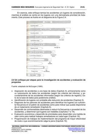 CAMINOS MÁS SEGUROS: Guía para Ingeniería de Seguridad Vial – K. W. Ogden 25/262
MATERIAL DIDÁCTICO NO-COMERCIAL – CURSOS UNIVERSITARIOS POSTGRADO ORIENTACIÓN VIAL
TRADUCCIÓN: franjusierra@arnet.com.ar
FRANCISCO JUSTO SIERRA franjusierra@yahoo.com
INGENIERO CIVIL UBA Beccar, enero 2009
En esencia, este enfoque tamiza los accidentes y/o lugares de consideración,
mientras el análisis se centra en los lugares con una demostrada prioridad de trata-
miento. Este proceso se ilustra en el diagrama de la Figura 2.4:
2.4 Un enfoque por etapas para la investigación de accidentes y evaluación de
proyectos
Fuente: adaptado de McGuigan (1990).
• Asignación de accidentes a una base de datos (Capítulo 4), primeramente como
un subconjunto de todos los accidentes (según los criterios del informe), y se-
cundariamente de los accidentes informados (según los criterios de registro). Es-
to da la base de datos para posteriores análisis.
• Identificación de lugares con probable alta reducción de accidentes (Capítulo 5).
• Diagnosis de los patrones de accidentes para identificar los lugares con suficien-
te frecuencia en el patrón de accidentes como para indicar que pueda disponerse
de un tratamiento remediador (Capítulo 6).
• Desarrollo de contramedidas destinadas a reducir la frecuencia o gravedad de los
accidentes, y determinar qué lugares son tratables (Capítulos 7 a 14).
• Evaluación económica y desarrollo de prioridades para desarrollar una medida de
valor como para realizar trabajos remediadores en cada lugar (Capítulo 16).
• Programación de trabajos de implementación del programa de mayor efectividad
de costo o que económicamente valga la pena (Capítulo 16).
 