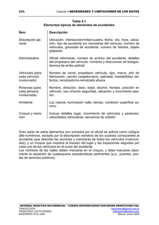8/204 Capítulo 4 NECESIDADES Y LIMITACIONES DE LOS DATOS
MATERIAL DIDÁCTICO NO-COMERCIAL – CURSOS UNIVERSITARIOS POSTGRADO ORIENTACIÓN VIAL
TRADUCCIÓN: franjusierra@arnet.com.ar
FRANCISCO JUSTO SIERRA franjusierra@yahoo.com
INGENIERO CIVIL UBA Beccar, enero 2009
Tabla 4.1
Elementos típicos de elementos de accidentes
Ítem Descripción
Descripción ge-
neral
Administrativo
Vehículos (para
cada vehículo
involucrado)
Personas (para
cada persona
involucrada)
Ambiente
Croquis y narra-
ción
Ubicación, intersección/mitad-cuadra, fecha, día, hora, ubica-
ción, tipo de accidente y/o maniobras del vehículo, número de
vehículos, gravedad de accidente, número de heridos, objeto
golpeado
Oficial informante, número de archivo del accidente, detalles
del propietario del vehículo, nombres y direcciones de testigos,
demora de arribo policial
Número de carné, propietario vehículo, tipo, marca, año de
fabricación, camión cargado/vacío, patinada, inestabilidad, de-
fectos, remolcado/no-remolcado afuera
Nombre, dirección, sexo, edad, alcohol, heridas, posición en
vehículo, uso cinturón seguridad, ubicación y movimiento pea-
tón
Luz natural, iluminación calle, tiempo, condición superficie ca-
mino
Incluye detalles lugar, movimiento de vehículos y peatones,
velocidades vehiculares, secuencia de colisión
Gran parte de estos elementos son entrados por el oficial de policía como códigos
alfa-numéricos, excepto por la descripción narrativa de los sucesos conducentes al
accidente (que describe las acciones y maniobras de todos los vehículos involucra-
dos), y un croquis que muestra el trazado del lugar y las trayectorias seguidas por
cada uno de los vehículos en el curso del accidente.
Los nombres de las calles deben marcarse en el croquis, y debe marcarse clara-
mente la ubicación de cualesquiera características pertinentes (p.e., puentes, pos-
tes de servicios públicos)
 