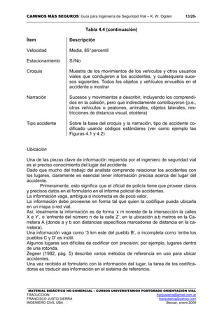 CAMINOS MÁS SEGUROS: Guía para Ingeniería de Seguridad Vial – K. W. Ogden 13/204
MATERIAL DIDÁCTICO NO-COMERCIAL – CURSOS UNIVERSITARIOS POSTGRADO ORIENTACIÓN VIAL
TRADUCCIÓN: franjusierra@arnet.com.ar
FRANCISCO JUSTO SIERRA franjusierra@yahoo.com
INGENIERO CIVIL UBA Beccar, enero 2009
Tabla 4.4 (continuación)
Ítem
Velocidad
Estacionamiento
Croquis
Narración
Tipo accidente
Descripción
Media, 85°percentil
Sí/No
Muestra de los movimientos de los vehículos y otros usuarios
viales que condujeron a los accidentes, y cualesquiera suce-
sos siguientes. Todos los objetos y vehículos envueltos en el
accidente a mostrar
Sucesos y movimientos a describir, incluyendo los comprendi-
dos en la colisión, pero que indirectamente contribuyeron (p.e.,
otros vehículos o peatones, animales, objetos laterales, res-
tricciones de distancia visual, etcétera)
Sobre la base del croquis y la narración, tipo de accidente co-
dificado usando códigos estándares (ver como ejemplo las
Figuras 4.1 y 4.2)
Ubicación
Una de las piezas clave de información requerida por el ingeniero de seguridad vial
es el preciso conocimiento del lugar del accidente.
Dado que mucho del trabajo del analista comprende relacionar los accidentes con
los lugares, claramente es esencial tener información precisa acerca del lugar del
accidente.
Primeramente, esto significa que el oficial de policía tiene que proveer claros
y precisos datos en el formulario en el informe policial de accidentes.
La información vaga, ambigua o incorrecta es de poco valor.
La información debe proveerse en forma tal que quien la codifique pueda ubicarla
en un mapa o red vial.
Así, idealmente la información es de forma ‘x m noreste de la intersección la calles
X e Y’, o ‘enfrente del número n de la calle Z’, en la ubicación a.b metros en la Ca-
rretera A (donde a y b son distancias específicos marcadores de distancia en la ca-
rretera).
Una información vaga como ‘3 km este del pueblo B’, o incompleta como ‘entre los
pueblos C y D’ es inútil.
Algunos lugares son difíciles de codificar con precisión; por ejemplo, lugares dentro
de una rotonda.
Zegeer (1982, pág. 5) describe varios métodos de referencia en uso para ubicar
accidentes.
Una vez recibido el formulario con la información del lugar, la tarea de los codifica-
dores es traducir esa información en el sistema de referencia.
 
