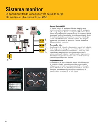 Sistema monitor

La condición vital de la máquina y los datos de carga
útil mantienen el rendimiento del 785D.
Sistema Mon...