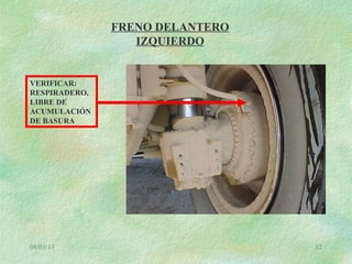 08/03/13 12
FRENO DELANTERO
IZQUIERDO
VERIFICAR:
RESPIRADERO,
LIBRE DE
ACUMULACIÓN
DE BASURA
 
