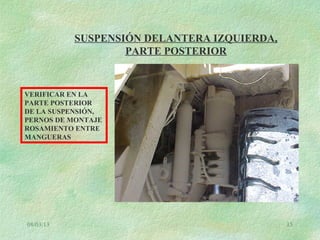 08/03/13 15
SUSPENSIÓN DELANTERA IZQUIERDA,
PARTE POSTERIOR
VERIFICAR EN LA
PARTE POSTERIOR
DE LA SUSPENSIÓN,
PERNOS DE MONTAJE
ROSAMIENTO ENTRE
MANGUERAS
 