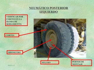 08/03/13 22
NEUMÁTICO POSTERIOR
IZQUIERDO
VERIFICAR POR
CORTES EN LA
BANDA DE
RODAMIENTO.
CORTES
ODOMETRO
SEGURO PERNOS DE
MONTAJE
 