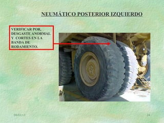 08/03/13 24
NEUMÁTICO POSTERIOR IZQUIERDO
VERIFICAR POR,
DESGASTE ANORMAL
Y CORTES EN LA
BANDA DE
RODAMIENTO.
 