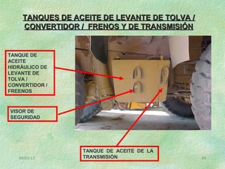 08/03/13 39
TANQUES DE ACEITE DE LEVANTE DE TOLVA /TANQUES DE ACEITE DE LEVANTE DE TOLVA /
CONVERTIDOR / FRENOS Y DE TRANSMISIÓNCONVERTIDOR / FRENOS Y DE TRANSMISIÓN
TANQUE DE
ACEITE
HIDRÁULICO DE
LEVANTE DE
TOLVA /
CONVERTIDOR /
FREENOS
VISOR DE
SEGURIDAD
TANQUE DE ACEITE DE LA
TRANSMISIÓN
 