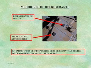 08/03/13 54
MEDIDORES DE REFRIGERANTE
REFRIGERANTE DE
MOTOR
REFRIGERANTE
AFTERCOOLER
EN AMBOS CASOS EL INDICADOR SE DEBE DE ENCONTRAR DENTRO
DE CUALQUIER POSICIÓN DEL ÁREA VERDE
 