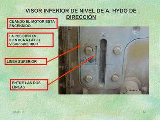 08/03/13 63
VISOR INFERIOR DE NIVEL DE A. HYDO DE
DIRECCIÓN
LA POSICIÓN ES
IDENTICA A LA DEL
VISOR SUPERIOR
LINEA SUPERIOR
ENTRE LAS DOS
LINEAS
CUANDO EL MOTOR ESTA
ENCENDIDO
 