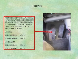 08/03/13 72
FRENO
FRENO DE SERVICIO, APLICA EL
100% DE CAPACIDAD DE PRESIÓN
DE AIRE DURANTE EL FRENADO
EL MISMO ES COMPARTIDO EN
LAS CUATRO RUEDAS DE LA
SIGUIENTE FORMA:
VACIO:
DELANTERAS 45.4 %
POSTERIORES 54.6 %
CARGADO:
DELANTERAS 33.3 %
POATERIORES 66.7 %
 