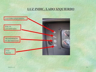 08/03/13 76
LUZ INDIC. LADO IZQUIERDO
LUZ GIRO IZQUIERDA
TOLVA
LEVANTADA
TRANSMISIÓN
EN RETROCESO
LUZ
ALTA
 