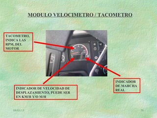 08/03/13 78
MODULO VELOCIMETRO / TACOMETRO
TACOMETRO,
INDICA LAS
RPM, DEL
MOTOR
INDICADOR DE VELOCIDAD DE
DESPLAZAMIENTO, PUEDE SER
EN KM/H Y/O M/H
INDICADOR
DE MARCHA
REAL
 