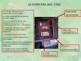 08/03/13 84
AUTOPRUEBA DEL VIMS
LUZ DE
ADVERTENCIA
STATUS /
CONFIGURACIÓN
ÁREA DE
ADVERTENCIA
INDICADOR
DE REGISTRO
LA LUZ DE ADVERTENCIA
PERMANECE ENCENDIDA.
EL INDICADOR DE REGISTRO DE
DATOS CORRE.
EN EL CENTRO DE MENSAJES
APARECE EL STATUS Y LA
CONFIGURACIÓN DE LA MÁQUINA
EL ÁREA DE ADVERTENCIA INICIA
UN BARRIDO DE IZQUIERDA A
DERECHA.
LA ALARMA SUENA UNA VEZ.
LA LUZ DE ACCIÓN PERMANECE
ENCENDIDA.
EL MODULO DE CUATRO MEDIDORES
HACE UN BARRIDO DE IZQUIERDA A
DERECHA.
EL MODULO DE VELOCIMETRO
TACOMETRO HACE UN BARRIDO.
 