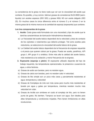 - 13 -
La consistencia de la grasa no tiene nada que ver con la viscosidad del aceite que
contiene. Es posible, y muy común, fabricar grasas de consistencia NLGI #000 (semi-
liquida) con aceites espesos (ISO 320) y grasas NGLI #3 con aceite delgado (ISO
25). En muchos casos la única diferencia entre el número 0 y el número 3 en la
misma grasa de la misma marca es la cantidad de esponja (espesante) que contiene.
Los tres componentes de la grasa
1. Aceite: Cada grasa está formulada con una viscosidad y tipo de aceite que le
dará las características de lubricación hidrodinámica deseadas.
a) La Viscosidad del aceite básico dependerá de la velocidad y área de contacto
de los cojinetes o rodamientos que debería proteger. Tal como aceites para
reductores, se selecciona la viscosidad del aceite básico de la grasa.
b) La Calidad del aceite básico dependerá de la frecuencia de engrase requerida
o el precio que quieren cobrar por la grasa. Puede ser aceite, parafínico, API
grupo I, API grupo II o sintético. Entre más alta la calidad del aceite básico,
más resistencia a la oxidación y menor frecuencia de re-engrase.
2. Espesante (esponja o jabón): El espesante utilizado depende del tipo de
trabajo requerido, las temperaturas operacionales, la presencia o ausencia de
agua, u otros factores.
a) Grasas de sodio son baratas, pero no resisten agua.
b) Grasas de calcio son baratas, pero no resisten calor ni velocidad.
c) Grasas de litio simple son un poco más caras y parcialmente resistentes al
agua, temperatura y velocidad
d) Grasas de Complejos de Litio son más caras pero mucho más resistentes al
lavado por agua y goteo por temperatura, mientras resisten mucho más
velocidad sin volar.
e) Grasas de Arcilla son similares en costo al complejo de litio, pero no tienen
punto de goteo. No derriten. Tampoco se lavan con agua. Son ideales para
altas temperaturas y condiciones mojadas. Pero tienen limitaciones en altas
revoluciones.
 