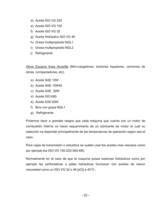 - 22 -
d) Aceite ISO VG 220
e) Aceite ISO VG 150
f) Aceite ISO VG 32
g) Aceite Hidráulico ISO VG 46
h) Grasa multipropósito NGL1
i) Grasa multipropósito NGL2
j) Refrigerante
Otros Equipos línea Amarilla (Mini-cargadores, tractores topadores, camiones de
obras, compactadores, etc).
a) Aceite SAE 10W
b) Aceite SAE 15W40
c) Aceite SAE 30W
d) Aceite ISO 680
e) Aceite SAE 60W
f) Bins con grasa NGL1
g) Refrigerante
Podemos decir a grandes rasgos que cada máquina que cuenta con un motor de
combustión interna va hacer requerimiento de un lubricante de motor el cual su
selección va depender principalmente de las temperaturas de operación según sea el
caso.
Para cajas de transmisión o reductora se suelen usar los aceites mas viscosos como
por ejemplo los ISO VG 150-220-360-480.
Normalmente en el caso de que la maquina posea sistemas hidráulicos como por
ejemplo las perforadoras o palas hidráulicas funcionan con aceites de menor
viscosidad como un ISO VG 32 o 46 [sCt] a 40°C .
 
