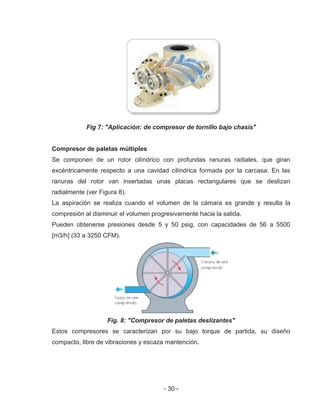 - 30 -
Fig 7: "Aplicación: de compresor de tornillo bajo chasis"
Compresor de paletas múltiples
Se componen de un rotor cilíndrico con profundas ranuras radiales, que giran
excéntricamente respecto a una cavidad cilíndrica formada por la carcasa. En las
ranuras del rotor van insertadas unas placas rectangulares que se deslizan
radialmente (ver Figura 8).
La aspiración se realiza cuando el volumen de la cámara es grande y resulta la
compresión al disminuir el volumen progresivamente hacia la salida.
Pueden obtenerse presiones desde 5 y 50 psig, con capacidades de 56 a 5500
[m3/h] (33 a 3250 CFM).
Fig. 8: "Compresor de paletas deslizantes"
Estos compresores se caracterizan por su bajo torque de partida, su diseño
compacto, libre de vibraciones y escaza mantención.
 