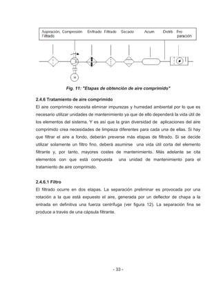 - 33 -
Fig. 11: "Etapas de obtención de aire comprimido"
2.4.6 Tratamiento de aire comprimido
El aire comprimido necesita eliminar impurezas y humedad ambiental por lo que es
necesario utilizar unidades de mantenimiento ya que de ello dependerá la vida útil de
los elementos del sistema. Y es así que la gran diversidad de aplicaciones del aire
comprimido crea necesidades de limpieza diferentes para cada una de ellas. Si hay
que filtrar el aire a fondo, deberán preverse más etapas de filtrado. Si se decide
utilizar solamente un filtro fino, deberá asumirse una vida útil corta del elemento
filtrante y, por tanto, mayores costes de mantenimiento. Más adelante se cita
elementos con que está compuesta una unidad de mantenimiento para el
tratamiento de aire comprimido.
2.4.6.1 Filtro
El filtrado ocurre en dos etapas. La separación preliminar es provocada por una
rotación a la que está expuesto el aire, generada por un deflector de chapa a la
entrada en definitiva una fuerza centrífuga (ver figura 12). La separación fina se
produce a través de una cápsula filtrante.
 