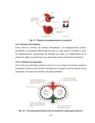 - 41 -
Fig. 17: "Bomba de desplazamiento no positivo"
3.4.2 Bombas Hidrostáticas
Como indica su nombre, las bombas hidrostáticas o de desplazamiento positivo
suministran una cantidad determinada de fluido en cada carrera, revolución o ciclo.
Su desplazamiento, exceptuando las pérdidas por fugas, es independiente de la
presión de salida, lo que las hace muy adecuadas para la transmisión de potencia.
3.4.2.1 Bombas de engranajes
Una bomba de engranajes externos como se ve en la figura 18 produce caudal al
transportar el fluido en las cámaras formadas por el espacio entre los dientes de los
engranajes, el cuerpo de la bomba y las placas laterales.
Fig. 18: " Funcionamiento básico de una bomba de engranajes externos"
 