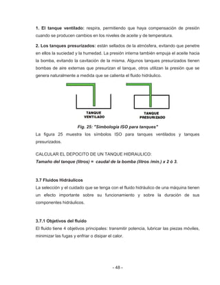 - 48 -
1. El tanque ventilado: respira, permitiendo que haya compensación de presión
cuando se producen cambios en los niveles de aceite y de temperatura.
2. Los tanques presurizados: están sellados de la atmósfera, evitando que penetre
en ellos la suciedad y la humedad. La presión interna también empuja el aceite hacia
la bomba, evitando la cavitación de la misma. Algunos tanques presurizados tienen
bombas de aire externas que presurizan el tanque, otros utilizan la presión que se
genera naturalmente a medida que se calienta el fluido hidráulico.
Fig. 25: "Simbología ISO para tanques"
La figura 25 muestra los símbolos ISO para tanques ventilados y tanques
presurizados.
CALCULAR EL DEPOCITO DE UN TANQUE HIDRAULICO:
Tamaño del tanque (litros) = caudal de la bomba (litros /mín.) x 2 ó 3.
3.7 Fluidos Hidráulicos
La selección y el cuidado que se tenga con el fluido hidráulico de una máquina tienen
un efecto importante sobre su funcionamiento y sobre la duración de sus
componentes hidráulicos.
3.7.1 Objetivos del fluido
El fluido tiene 4 objetivos principales: transmitir potencia, lubricar las piezas móviles,
minimizar las fugas y enfriar o disipar el calor.
 