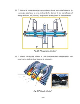 - 58 -
b) El sistema de engranajes abiertos superiores, el cual suministra lubricante de
engranajes abiertos a la zona, incluyendo los dientes de las cremalleras del
mango del balde, los piñones y las planchas de desgastes de las correderas.
Fig. 31: "Engranajes abiertos"
c) El sistema de engrase inferior, el cual suministra grasa multipropósito a la
zona inferior, incluyendo el sistema de propulsión.
Fig. 32:" Chasis inferior"
 