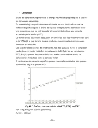 - 80 -
Compresor
El uso del compresor proporcionara la energía neumática apropiada para el uso de
las bombas de trasvasijes.
Su selección bajo un punto de mira en el diseño, será un tipo tornillo el cual ira
instalado bajo chasis para el ahorro de espacio en la plataforma además de tener
una ubicación en que se podrá acoplar al motor hidráulico (que a su vez esta
accionado por la bomba y PTO)
La marca que da estándares adecuados en calidad de este tipo de compresores será
la de VANAIR, la cual tiene la línea de productos más completa de compresores
montados en vehículos.
Las características que nos da el fabricante, nos dice que para mover el compresor
mediante un conductor hidráulico necesita cerca de 26 Galones por minutos con
2500 [Psi], lo que nos llevo con anterioridad a seleccionar en base a esto los
componentes hidráulicos como la bomba y motor.
A continuación se presenta un grafico que nos muestra la cantidad de aire que nos
suministrara según el giro del PTO.
Fig.42: " Grafico compresor de tornillo PTO [RPM] vs CFM"
Q= 110 [CFM] (Pies cúbicos por minuto)
 