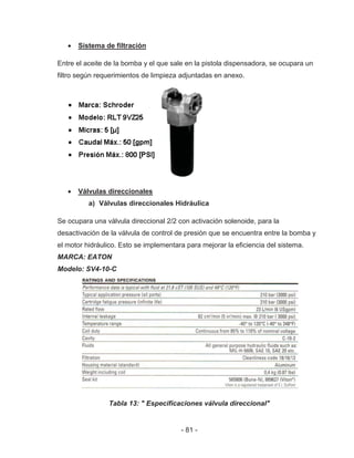 - 81 -
Sistema de filtración
Entre el aceite de la bomba y el que sale en la pistola dispensadora, se ocupara un
filtro según requerimientos de limpieza adjuntadas en anexo.
Válvulas direccionales
a) Válvulas direccionales Hidráulica
Se ocupara una válvula direccional 2/2 con activación solenoide, para la
desactivación de la válvula de control de presión que se encuentra entre la bomba y
el motor hidráulico. Esto se implementara para mejorar la eficiencia del sistema.
MARCA: EATON
Modelo: SV4-10-C
Tabla 13: " Especificaciones válvula direccional"
 