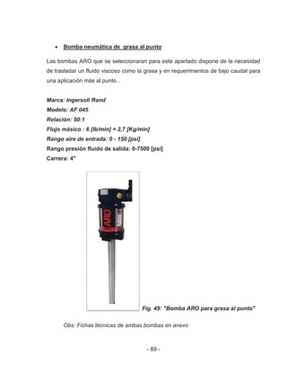 - 89 -
Bomba neumática de grasa al punto
Las bombas ARO que se seleccionaran para este apartado dispone de la necesidad
de trasladar un fluido viscoso como la grasa y en requerimientos de bajo caudal para
una aplicación más al punto .
Marca: Ingersoll Rand
Modelo: AF 045
Relación: 50:1
Flujo másico : 6 [lb/min] = 2,7 [Kg/min]
Rango aire de entrada: 0 - 150 [psi]
Rango presión fluido de salida: 0-7500 [psi]
Carrera: 4"
Fig. 49: "Bomba ARO para grasa al punto"
Obs: Fichas técnicas de ambas bombas en anexo
 