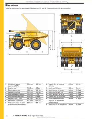 Dimensiones 
Todas las dimensiones son aproximadas. Mostrado con caja MSD II. Dimensiones con caja de doble declive. 
3 4 
1 Altura hasta la parte 5.584 mm 18,32 pie 
superior de ROPS 
2 Longitud total 12.862 mm 42,2 pie 
3 Distancia entre ejes 5.905 mm 19,37 pie 
4 Eje trasero a la cola 3.772 mm 12,38 pie 
5 Espacio libre sobre el suelo 1.005 mm 3,3 pie 
6 Espacio libre de descarga 1.364 mm 4,48 pie 
7 Altura de carga – Vacío 5.871 mm 19,26 pie 
8 Altura total – Caja subida 13.113 mm 43,02 pie 
9 Ancho entre líneas de centro 5.610 mm 18,41 pie 
de los neumáticos delanteros 
22 Camión de minería 793D especificaciones 
9 
10 
11 
12 
16 
17 
14 
15 
10 Espacio libre del protector 1.294 mm 4,25 pie 
del motor 
11 Ancho total del techo 7.680 mm 25,2 pie 
12 Ancho exterior de la caja 6.940 mm 22,77 pie 
13 Ancho interior de la caja 6.500 mm 21,33 pie 
14 Altura delantera del techo 6.494 mm 21,31 pie 
15 Espacio libre del eje trasero 1.128 mm 3,66 pie 
16 Ancho entre las líneas de 4.963 mm 16,25 pie 
centro de los neumáticos 
dobles traseros 
17 Ancho total de los neumáticos 7.605 mm 24,92 pie 
1 
2 
5 
6 
7 
8 
13 
 