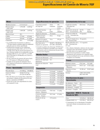 Especificaciones del Camión de Minería 793F 
15 
Motor 
Modelo de motor C175-16 Cat® 
Potencia bruta 
– SAE J1995 
1.976 kW 2.650 hp 
Potencia neta 
– SAE J1349 
1.848 kW 2.478 hp 
Reserva de par 20% 
Calibre 175 mm 6,9 pulg 
Carrera 220 mm 8,7 pulg 
Cilindrada 85 L 5.187 pulg³ 
• Las clasificaciones de potencia se aplican a 
1.750 rpm cuando se prueban según las condiciones 
indicadas para la norma especificada. 
• Clasificaciones basadas en las condiciones 
normales del aire SAE J1995 a 25 ºC (77 ºF) 
y 99 kPa (29,61 Hg) de presión barométrica en 
seco. Potencia basada en el combustible con una 
densidad API de 35 a 16 ºC (60 ºF) y un LHV 
de 42,780 kJ/kg (18.390 Btu/lb) con el motor a 
30 ºC (86 ºF). 
• No hay reducción de potencia del motor hasta 
los 3.353 metros (11.000 pies) de altitud. 
• Cumple con las normas de emisiones Tier 2 
de la Agencia de Protección Ambiental de los 
Estados Unidos. 
Pesos – Aproximados 
Peso del chasis 122.300 kg 270.000 lb 
Gama de trabajo 
26.862-47.627 kg 
de la caja 
(59.220-105.000 lb) 
• Peso del chasis con el tanque lleno, dispositivo 
de montaje y cilindros de elevación de la caja, 
llantas y neumáticos 40.00R57. 
• El peso de la caja varía dependiendo de cómo 
esté equipada la caja. 
Especificaciones de operación 
Capacidad nominal 
226,8 
de carga útil 
toneladas 
250 
toneladas 
cortas 
Velocidad máxima 
– con carga 
60 
km/h 
37,3 
millas/h 
Ángulo de dirección 36 Grados 
Diámetro de giro 
– Parte delantera 
28 m 93 pie 
Diámetro de espacio 
libre de giro del círculo 
33 m 107 pie 
Peso bruto de la 
máquina en operación 
386.007 o 390.089 kg 
(851.000 o 860.000 lb) 
• Consulte la política de sobrecarga 10/10/20 para 
Camiones de Minería Caterpillar para obtener 
información sobre las limitaciones de peso bruto 
máximo de la máquina. 
Mandos finales 
Relación de diferencial 1,8:1 
Relación de engranajes 
16:1 
planetarios 
Relación de reducción 
total 
28,8:1 
Transmisión 
Avance 1 12,9 km/h 8 millas/h 
Avance 2 17,4 km/h 10,8 millas/h 
Avance 3 23,8 km/h 14,8 millas/h 
Avance 4 32,1 km/h 19,9 millas/h 
Avance 5 43,6 km/h 27,1 millas/h 
Avance 6 60 km/h 37,3 millas/h 
Retroceso 11,8 km/h 7,3 millas/h 
Suspensión 
Carrera de cilindro 
130,5 mm 5,1 pulg 
efectiva – Delantero 
Carrera de cilindro 
efectiva – Trasero 
105,5 mm 4,2 pulg 
Oscilación del eje 
trasero 
±4,9 grados 
Levantamientos de la caja 
Caudal de la bomba 
– Velocidad alta 
en vacío 
846 L/min 224 gal/min 
Ajuste de la válvula de 
alivio – Levantamiento 
20.370 
kPa 
2.955 
lb/pulg² 
Tiempo de subida de 
la caja – Velocidad alta 
en vacío 
19 segundos 
Tiempo de bajada de la 
caja – Posición libre 
20 segundos 
Bajada hidráulica de la 
caja – Velocidad alta 
en vacío 
17,5 segundos 
• Dos cilindros hidráulicos idénticos de dos etapas 
montados fuera del bastidor principal, cilindros 
de doble efecto en la segunda etapa. 
• Elevación de la potencia en ambas etapas, 
disminución de la potencia en la segunda etapa. 
• La baja modulación de la caja automática reduce 
el impacto en el bastidor. 
Frenos 
Diámetro externo 874,5 mm 34,5 pulg 
Superficie de freno 
89.817 cm² 13.921 pulg² 
– Delantera 
Superficie de freno 
– Trasera 
34.500 cm² 20.847 pulg² 
Normas J-ISO 3450 JAN88, 
ISO 3450:1996 
Distribuciones de peso – 
Aproximadas 
Eje delantero – Vacío 48% 
Eje trasero – Vacío 52% 
Eje delantero – Cargado 33% 
Eje trasero – Cargado 67% 
Capacidad – MSD II – Factor de 
llenado de 100% 
A ras 112-142 m3 146-186 yd3 
Colmado (SAE 2:1) 159-190 m3 209-250 yd3 
• Comuníquese con su distribuidor Caterpillar 
local para obtener recomendaciones acerca 
de la caja. 
 
