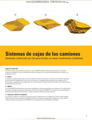 9 
1 2 3 
Sistemas de cajas de los camiones 
Diseñado y fabricado por Cat para brindar un mayor rendimiento y fiabilidad. 
Cajas de camión Cat 
El 793F se ofrece con tres opciones de cajas: Caja X, MSD II (Diseño específico para minería) y Caja para 
carbón sin compuerta. Para un rendimiento estructural superior, estas cajas están diseñadas para trabajar con 
el bastidor de Cat. 
1 – Caja X 
La Caja X está prevista para nuevos sitios de minería y mineros contratistas. Usa el proceso de diseño específico 
para minería de Caterpillar para crear cajas con tamaños y configuraciones adecuados que cumplen con las 
características específicas de las aplicaciones de servicio pesado. El diseño de la Caja X ofrece un volumen mayor 
sin penalizaciones por peso. 
2 – MSD II 
Las cajas MSD II están previstas para minas establecidas y están personalizadas para adaptarse a las aplicaciones 
de minería específicas basadas en evaluaciones de sitios de minería. El MSD II es la mejor caja de material ligero 
fabricada para aplicaciones de minería y alcanza excelentes rendimientos de carga útil. 
3 – Caja para carbón sin compuerta 
La caja para carbón sin compuerta está prevista para las aplicaciones de transporte de carbón. Puede cargarse 
hasta alcanzar el mayor rango de densidad de carbón para lograr las cargas útiles deseadas. La caja se diseñó 
y fabricó usando el concepto de Caja MSD II, lo cual asegura mayor durabilidad y fiabilidad. 
 