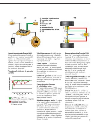 ARC 1 Sensor del freno de servicio 
Control Automático de Retardo (ARC). 
Controla electrónicamente el retardo en 
pendientes para mantener unas rpm del 
motor y un enfriamiento de aceite 
óptimos. Tal vez se pueda conseguir un 
frenado adicional usando el retardador 
manual o el pedal del freno. El ARC se 
desactiva cuando el operador conecta 
los frenos o el acelerador. 
Ventajas de la eficiencia de operación 
del ARC. 
Velocidades mayores. El ARC permite 
al operador mantener unas velocidades 
óptimas del motor para efectuar acarreos 
cuesta abajo más rápidos y lograr una 
mayor productividad. 
Control superior. La modulación 
automática del freno ofrece una 
marcha más suave y un mayor control 
en condiciones resbaladizas, permitiendo 
al operador que se concentre en 
la conducción. 
Facilidad de operación. El ARC aumenta 
la facilidad de operación, resultando en 
una mayor confianza del operador con 
menos fatiga. 
Protección contra el exceso 
de velocidad del motor. 
Activa automáticamente el ARC cuando 
la velocidad del motor excede los niveles 
prefijados de fábrica, sean cuales sean 
las entradas del operador, para evitar 
excesos de velocidad del motor 
potencialmente dañinos. 
Retardo en las cuatro ruedas. El retardo 
en las cuatro ruedas con un reparto de 
porcentaje 60/40 (traseras/delanteras) 
del esfuerzo de frenado proporciona 
un control superior en condiciones 
resbaladizas. El par de frenado 
equilibrado de la parte delantera a la parte 
trasera proporciona un rendimiento de 
frenado excepcional y reduce al mínimo 
el bloqueo de las ruedas, especialmente 
durante el retardo. 
Sistema de Control de Tracción (TCS). 
Supervisa y controla electrónicamente 
el patinaje de las ruedas traseras para 
obtener una mayor tracción y un mayor 
rendimiento del camión en terrenos en 
malas condiciones. Si el patinaje supera 
un límite fijado, los frenos de disco 
enfriados por aceite se conectan para 
disminuir la velocidad de la rueda 
que gira. El par se transfiere así 
automáticamente a la rueda para 
mejorar la tracción. 
Control Integrado del Freno (IBC). El IBC 
combina el Control Automático de 
Retardo (ARC) y el Sistema de Control 
de Tracción (TCS) en un sistema de 
control de frenado integrado para lograr 
una eficiencia, un rendimiento y una 
fiabilidad óptimos. 
Cat Data Link. Todos los módulos de 
control se comunican por medio del Cat 
Data Link y funcionan juntos como un 
sistema integrado para aumentar al 
máximo la eficiencia de la producción 
y prolongar la duración de los 
componentes. 
Eficiencia de combustible. El motor 
proporciona un retardo adicional al 
funcionar contra la compresión en 
acarreos cuesta abajo. Durante las 
aplicaciones de retardo, el ECM del 
motor no inyecta combustible en los 
cilindros para lograr un consumo de 
combustible excepcional. 
* 
10 
20 30 40 50 60 
Tiempo (Segundos) 
Control Automático del Retardador 
(Mantiene las RPM del motor entre 2.160 y 2.300) 
Control Manual del Retardador 
(Gran Variedad en RPM de Motor) 
* RPM optimas del motor 
Velocidad del motor (RPM) 
0 70 
9 
8 
6 
6 
7 
7 
TCS 
1 2 
4 
3 
5 
2 Sensor del motor 
3 ARC 
4 Interruptor ARC 
5 Frenos 
6 Frenos de servicio 
7 Sensor de velocidad del eje 
8 TCS 
 