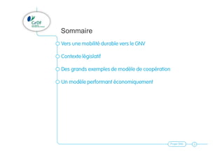 Projet GNV
Sommaire
Vers une mobilité durable vers le GNV
Contexte législatif
Des grands exemples de modèle de coopération
Un modèle performant économiquement
2
 