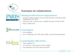 Projet GNV
Exemples de collaborations
Développer le GNV à Paris et en région parisienne
– Contexte: Politiques locales comme la charte de livraison de la Ville de Paris
(dédieselisation d’ici 2020)
– Partenaire et rôle : la ville de Paris, Le SIGEIF, le Groupe La Poste et GrDF
– Enjeux: qualité de l’air
Conseil régional
– Une mobilisation
– Un GT mobilité gaz: CR, FNTR, Sydev, SIEML, la poste, Nantes Metropole…
Le projet équilibre: vallée de l’Arve
– Enjeu: qualité de l’air
– Un consortium: 6 transporteurs, Auchan, GNVert
– Des partenaires: Etat, GrDF, Ademe et la FNTR
7
 
