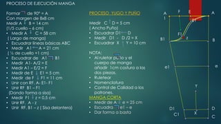PROCESO DE EJECUCIÓN MANGA
Formar de 90° = A
Con margen de 8x8 cm
Medir A B = 14 cm
(1/5 cuello – 6 cm)
• Medir A C = 58 cm
( Largo de manga)
• Escuadrar líneas básicas ABC
• Medir A1 A = 21 cm
( ½ de cuello +1 cm)
• Escuadrar de A1 B1
• Medir A1- A/2 = E
• Medir A1 – E/2 = F
• Medir de E E1 = 5 cm
• Medir de F F1 = 11 cm
• Unir con RF. A- E1- F1
• Unir RF B1 – F1
(Dando forma a sisa)
• Medir F1 z = 0.5 cm
• Unir RF. A - z
• Unir RF. B1 – z ( Sisa delantera)
PROCESO YUGO Y PUÑO
Medir C D = 5 cm
( Ancho Puño)
• Escuadrar D1 D
• Medir D1 - D /2 = X
• Escuadrar X Y = 10 cm
NOTA:
• Al ruletar puño y el
cuerpo de manga
añadir 1cm costura a las
dos piezas.
• Ruletear
• Nomenclatura
• Control de Calidad a los
patrones.
MANGA CORTA
• Medir de A e = 25 cm
• Escuadra e1 – e
• Dar forma a basta
A
B
C
A
1
B1
C1
DD1
X
Y
ee1
F1
EF
E1
z
 