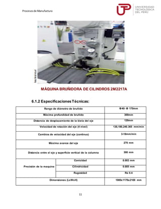 Procesosde Manufactura
11
MÁQUINA BRUÑIDORA DE CILINDROS 2M2217A
6.1.2 EspecificacionesTécnicas:
Rango de diámetro de bruñido Φ40- Φ 170mm
Máxima profundidad de bruñido 300mm
Distancia de desplazamiento de la biela del eje 120mm
Velocidad de rotación del eje (4 nivel) 130,180,240.365 mm/min
Cambios de velocidad del eje (continuo) 3-18mm/min
Máxima avance del eje 270 mm
Distancia entre el eje y superficie vertical de la columna 300 mm
Precisión de la maquina
Conicidad 0.003 mm
Cilindricidad 0.005 mm
Rugosidad Ra 0.4
Dimensiones (LxWxH) 1900x1176x2169 mm
 