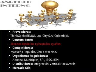 Proveedores:
-ThinkGeek (EEUU), Luz-City S.A (Colombia).
 Consumidores:
- Jóvenes desde los 15 hasta los 25 años.
 Competidores:
- Maqueño Republic, Cholo Machine.
 Organismos Reguladores:
- Aduana, Municipios, SRI, IESS, IEPI
 Distribuidores: Integración Vertical HaciaAtrás
 Mercado Gris:
 