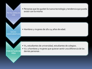 Por los estilos de
vida
• Personas que les gusten la nueva tecnología y tendencia que pueda
existir con la misma
SOCIO-
DEMOGRÁFICAS
• Hombres y mujeres de 18 a 24 años de edad.
POR ESTILOS DE
VIDA
• V1, estudiantes de universidad, estudiantes de colegios.
• V2: a hombres y mujeres que quieran sentir una diferencia de las
demás personas .
 