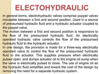 In general terms, electrohydraulic valves comprise poppet valves
moveable between a first and second position. Used in a source
of pressurised hydraulic fluid and a hydraulic actuator coupled to
the poppet valve.
The motion between a first and second position is responsive to
the flow of the pressurised hydraulic fluid. An electrically
operated hydraulic valve controls the flow of the pressurised
hydraulic fluid to the hydraulic actuator.
In one design, the provision is made for a three-way electrically
operated valve to control the flow of the pressurised hydraulic
fluid to the actuator. This supplies pressure when electrically
pulsed open, and dumps actuator oil to the engine oil sump when
the valve is electrically pulsed to close. The use of engine oil as
the hydraulic fluid simplifies and lowers the cost of the design by
removing the need for a separate hydraulic system.

 