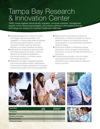Tampa Bay Research
& Innovation Center
TBRIC brings together clinical faculty, engineers, computer scientists, management
experts, human factors psychologists, and industry partners to find solutions through
technology and systems for important healthcare challenges.


n	 Engineering development of advanced medical             n	 Medical systems engineering to evaluate the
   technologies, devices and simulators, with                 effectiveness of medical technologies and devices,
   capabilities in computer-aided design and analysis,        healthcare systems, and medical and surgical
   3D printing and rapid prototyping, computer                training programs, to promote effective and efficient
   numerical controlled machining, electronics                healthcare delivery
   fabrication, and system integration and testing         n	 Human factor analysis of medical technologies

n	 Medical device accelerator program and health              and devices, and the simulated medical training
   technology assessment services, to enhance                 environment, to improve the safety and efficiency of
   efficient and cost-effective development                   clinical care
   and commercialization of innovative medical             n	 Innovative clinical education curriculum design,

   technologies and products                                  utilizing advanced simulators and high-tech
n	 Modeling and simulation to generate advanced               assessment tools to assess skills accurately and
   anatomical and analytical models, medical device           improve outcomes
   and tissue factor analysis, development of innovative
   medical training systems and outcomes assessment




 Room Name         	                            Area	      Dimensions
 	                                             (sq ft)	    (l x w x h)
 Prototyping 	                                  1,269	     36’ x 35’ x 10’
 War Room   	                                    546	      23’ x 24’ x 10’
 Modeling & Simulation 	                        1,474	     25’ x 58’ x 10’
 Conference Room 	                               175	      13’ x 13’ x 10’
 Collaborative Space 	                           259	      18’ x 14’ x 10’
 