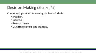 © 2021 Cengage Learning. All Rights Reserved. May not be scanned, copied or duplicated, or posted to a publicly accessible website, in whole or in part.
Decision Making (Slide 4 of 4)
Common approaches to making decisions include:
• Tradition.
• Intuition.
• Rules of thumb.
• Using the relevant data available.
 