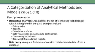 © 2021 Cengage Learning. All Rights Reserved. May not be scanned, copied or duplicated, or posted to a publicly accessible website, in whole or in part.
A Categorization of Analytical Methods and
Models (Slide 1 of 8)
Descriptive Analytics:
• Descriptive analytics: Encompasses the set of techniques that describes
what has happened in the past; examples include:
• Data queries.
• Reports.
• Descriptive statistics.
• Data visualization (including data dashboards).
• Data-mining techniques.
• Basic what-if spreadsheet models.
• Data query: A request for information with certain characteristics from a
database.
 