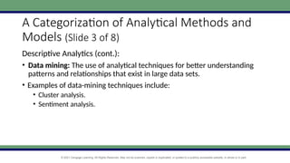 © 2021 Cengage Learning. All Rights Reserved. May not be scanned, copied or duplicated, or posted to a publicly accessible website, in whole or in part.
A Categorization of Analytical Methods and
Models (Slide 3 of 8)
Descriptive Analytics (cont.):
• Data mining: The use of analytical techniques for better understanding
patterns and relationships that exist in large data sets.
• Examples of data-mining techniques include:
• Cluster analysis.
• Sentiment analysis.
 