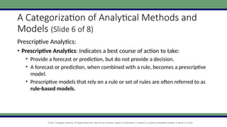 © 2021 Cengage Learning. All Rights Reserved. May not be scanned, copied or duplicated, or posted to a publicly accessible website, in whole or in part.
A Categorization of Analytical Methods and
Models (Slide 6 of 8)
Prescriptive Analytics:
• Prescriptive Analytics: Indicates a best course of action to take:
• Provide a forecast or prediction, but do not provide a decision.
• A forecast or prediction, when combined with a rule, becomes a prescriptive
model.
• Prescriptive models that rely on a rule or set of rules are often referred to as
rule-based models.
 
