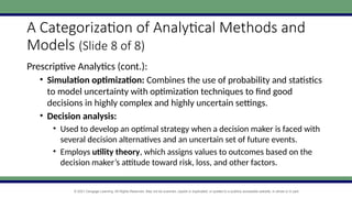 © 2021 Cengage Learning. All Rights Reserved. May not be scanned, copied or duplicated, or posted to a publicly accessible website, in whole or in part.
A Categorization of Analytical Methods and
Models (Slide 8 of 8)
Prescriptive Analytics (cont.):
• Simulation optimization: Combines the use of probability and statistics
to model uncertainty with optimization techniques to find good
decisions in highly complex and highly uncertain settings.
• Decision analysis:
• Used to develop an optimal strategy when a decision maker is faced with
several decision alternatives and an uncertain set of future events.
• Employs utility theory, which assigns values to outcomes based on the
decision maker’s attitude toward risk, loss, and other factors.
 