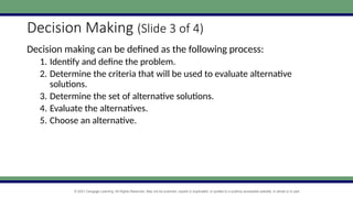 © 2021 Cengage Learning. All Rights Reserved. May not be scanned, copied or duplicated, or posted to a publicly accessible website, in whole or in part.
Decision Making (Slide 3 of 4)
Decision making can be defined as the following process:
1. Identify and define the problem.
2. Determine the criteria that will be used to evaluate alternative
solutions.
3. Determine the set of alternative solutions.
4. Evaluate the alternatives.
5. Choose an alternative.
 
