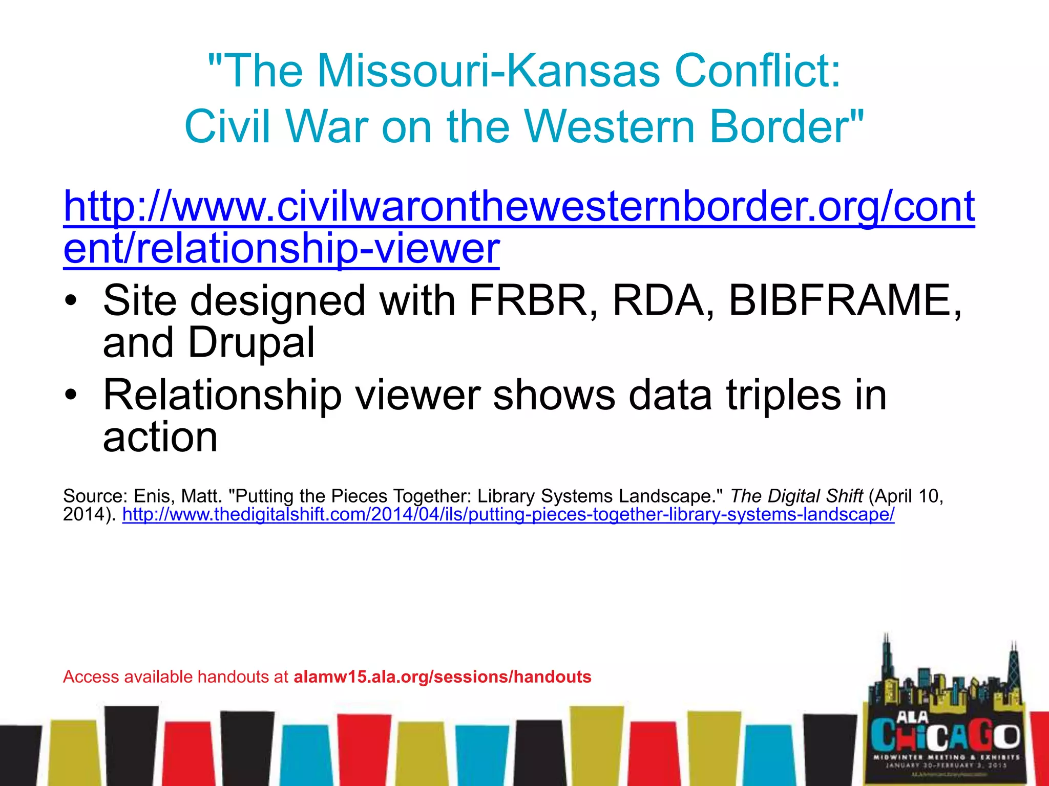 "The Missouri-Kansas Conflict:
Civil War on the Western Border"
http://www.civilwaronthewesternborder.org/cont
ent/relationship-viewer
• Site designed with FRBR, RDA, BIBFRAME,
and Drupal
• Relationship viewer shows data triples in
action
Source: Enis, Matt. "Putting the Pieces Together: Library Systems Landscape." The Digital Shift (April 10,
2014). http://www.thedigitalshift.com/2014/04/ils/putting-pieces-together-library-systems-landscape/
Access available handouts at alamw15.ala.org/sessions/handouts
 