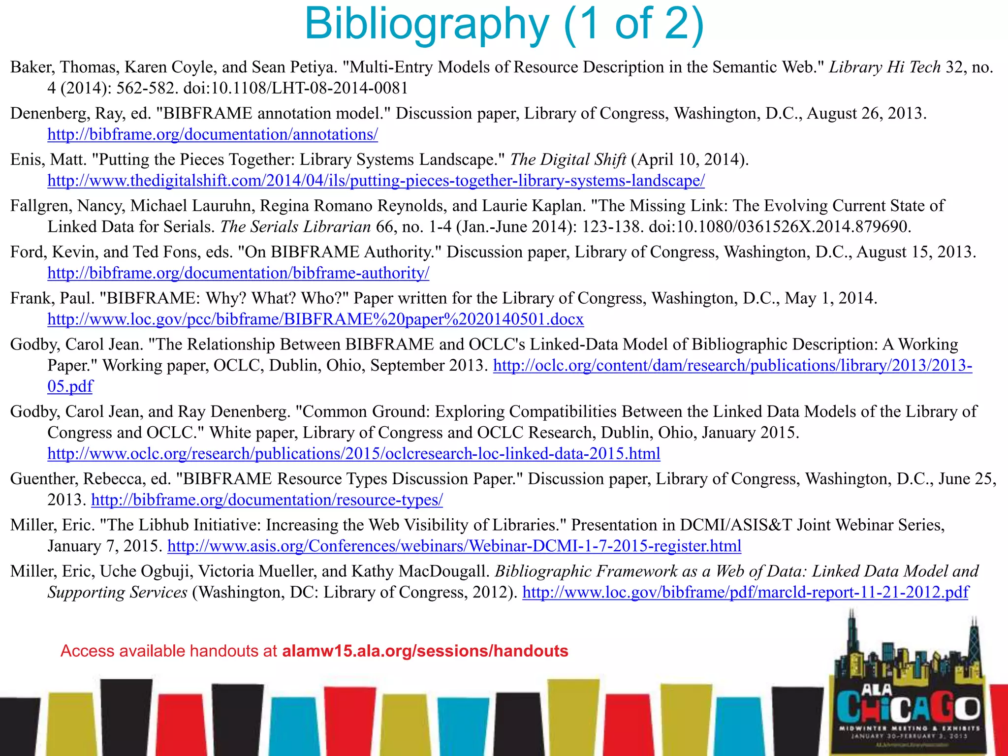 Bibliography (1 of 2)
Baker, Thomas, Karen Coyle, and Sean Petiya. "Multi-Entry Models of Resource Description in the Semantic Web." Library Hi Tech 32, no.
4 (2014): 562-582. doi:10.1108/LHT-08-2014-0081
Denenberg, Ray, ed. "BIBFRAME annotation model." Discussion paper, Library of Congress, Washington, D.C., August 26, 2013.
http://bibframe.org/documentation/annotations/
Enis, Matt. "Putting the Pieces Together: Library Systems Landscape." The Digital Shift (April 10, 2014).
http://www.thedigitalshift.com/2014/04/ils/putting-pieces-together-library-systems-landscape/
Fallgren, Nancy, Michael Lauruhn, Regina Romano Reynolds, and Laurie Kaplan. "The Missing Link: The Evolving Current State of
Linked Data for Serials. The Serials Librarian 66, no. 1-4 (Jan.-June 2014): 123-138. doi:10.1080/0361526X.2014.879690.
Ford, Kevin, and Ted Fons, eds. "On BIBFRAME Authority." Discussion paper, Library of Congress, Washington, D.C., August 15, 2013.
http://bibframe.org/documentation/bibframe-authority/
Frank, Paul. "BIBFRAME: Why? What? Who?" Paper written for the Library of Congress, Washington, D.C., May 1, 2014.
http://www.loc.gov/pcc/bibframe/BIBFRAME%20paper%2020140501.docx
Godby, Carol Jean. "The Relationship Between BIBFRAME and OCLC's Linked-Data Model of Bibliographic Description: A Working
Paper." Working paper, OCLC, Dublin, Ohio, September 2013. http://oclc.org/content/dam/research/publications/library/2013/2013-
05.pdf
Godby, Carol Jean, and Ray Denenberg. "Common Ground: Exploring Compatibilities Between the Linked Data Models of the Library of
Congress and OCLC." White paper, Library of Congress and OCLC Research, Dublin, Ohio, January 2015.
http://www.oclc.org/research/publications/2015/oclcresearch-loc-linked-data-2015.html
Guenther, Rebecca, ed. "BIBFRAME Resource Types Discussion Paper." Discussion paper, Library of Congress, Washington, D.C., June 25,
2013. http://bibframe.org/documentation/resource-types/
Miller, Eric. "The Libhub Initiative: Increasing the Web Visibility of Libraries." Presentation in DCMI/ASIS&T Joint Webinar Series,
January 7, 2015. http://www.asis.org/Conferences/webinars/Webinar-DCMI-1-7-2015-register.html
Miller, Eric, Uche Ogbuji, Victoria Mueller, and Kathy MacDougall. Bibliographic Framework as a Web of Data: Linked Data Model and
Supporting Services (Washington, DC: Library of Congress, 2012). http://www.loc.gov/bibframe/pdf/marcld-report-11-21-2012.pdf
Access available handouts at alamw15.ala.org/sessions/handouts
 