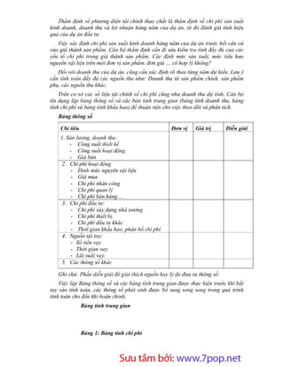 Thẩm định về phương diện tài chính thực chất là thẩm định về chi phí sản xuất
kinh doanh, doanh thu và lợi nhuận hàng năm của dự án, từ đó đánh giá tính hiệu
quả của dự án đầu tư.
   Việc xác định chi phí sản xuất kinh doanh hàng năm của dự án trước hết căn cứ
vào giá thành sản phẩm. Cán bộ thẩm định cần đi sâu kiểm tra tính đầy đủ của các
yếu tố chi phí trong giá thành sản phẩm. Các định mức sản xuất, mức tiêu hao
nguyên vật liệu trên một đơn vị sản phẩm, đơn giá … có hợp lý không?
   Đối với doanh thu của dự án, cũng cần xác định rõ theo từng năm dự kiến. Lưu ý
cần tính toán đầy đủ các nguồn thu như: Doanh thu từ sản phẩm chính, sản phẩm
phụ, các nguồn thu khác.
    Trên cơ sở các số liệu tài chính về chi phí cũng như doanh thu dự tính, Cán bộ
tín dụng lập bảng thông số và các bản tính trung gian (bảng tính doanh thu, bảng
tính chi phí và bảng tính khấu hao) để thuận tiện cho việc theo dõi và phân tích.
   Bảng thông số

    Chỉ tiêu                                        Đơn vị    Giá trị       Diễn giải
    1. Sản lượng, doanh thu:
        - Công suất thiết kế
        - Công suất hoạt động
        - Giá bán
    2. Chi phí hoạt động
         - Định mức nguyên vật liệu
         - Giá mua
         - Chi phí nhân công
         - Chi phí quản lý
         - Chi phí bán hàng ....
    3. Chi phí đầu tư:
         - Chi phí xây dựng nhà xưởng
         - Chi phí thiết bị.
         - Chi phí đầu tư khác
         - Thời gian khấu hao, phân bổ chi phí
    4. Nguồn tài trợ:
         - Số tiền vay
         - Thời gian vay
         - Lãi suất vay.
    5. Các thông số khác

   Ghi chú: Phần diễn giải để giải thích nguồn hay lý do đưa ra thông số.
    Việc lập Bảng thông số và các bảng tính trung gian được thực hiện trước khi bắt
tay vào tính toán, các thông số phát sinh được bổ sung song song trong quá trình
tính toán cho đến khi hoàn chỉnh.
               Bảng tính trung gian



               Bảng 1: Bảng tính chi phí




                        Sưu t m b i: www.daihoc.com.vn
                                                                                22
 