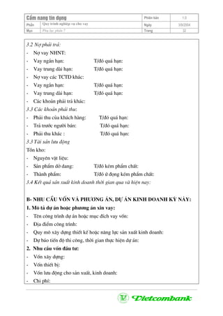 CÈm nang tÝn dông Phiªn b¶n 1.0
Quy tr×nh nghiÖp vô cho vayPhÇn Ngµy 3/9/2004
Môc Phô lôc phÇn 7 Trang 32
3.2 Nî ph¶i tr¶:
- Nî vay NHNT:
- Vay ng¾n h¹n: T/®ã qu¸ h¹n:
- Vay trung dµi h¹n: T/®ã qu¸ h¹n:
- Nî vay c¸c TCTD kh¸c:
- Vay ng¾n h¹n: T/®ã qu¸ h¹n:
- Vay trung dµi h¹n: T/®ã qu¸ h¹n:
- C¸c kho¶n ph¶i tr¶ kh¸c:
3.3 C¸c kho¶n ph¶i thu:
- Ph¶i thu cña kh¸ch hµng: T/®ã qu¸ h¹n:
- Tr¶ tr−íc ng−êi b¸n: T/®ã qu¸ h¹n:
- Ph¶i thu kh¸c : T/®ã qu¸ h¹n:
3.3 Tµi s¶n l−u ®éng
Tån kho:
- Nguyªn vËt liÖu:
- S¶n phÈm dë dang: T/®ã kÐm phÈm chÊt:
- Thµnh phÈm: T/®ã ø ®äng kÐm phÈm chÊt:
3.4 KÕt qu¶ s¶n xuÊt kinh doanh thêi gian qua vµ hiÖn nay:
B- Nhu cÇu vèn vµ ph−¬ng ¸n, dù ¸n kinh doanh kú nµy:
1. M« t¶ dù ¸n hoÆc ph−¬ng ¸n xin vay:
- Tªn c«ng tr×nh dù ¸n hoÆc môc ®Ých vay vèn:
- §Þa ®iÓm c«ng tr×nh:
- Quy m« x©y dùng thiÕt kÕ hoÆc n¨ng lùc s¶n xuÊt kinh doanh:
- Dù b¸o tiÕn ®é thi c«ng, thêi gian thùc hiÖn dù ¸n:
2. Nhu cÇu vèn ®Çu t−:
- Vèn x©y dùng:
- Vèn thiÕt bÞ:
- Vèn l−u ®éng cho s¶n xuÊt, kinh doanh:
- Chi phÝ:
 